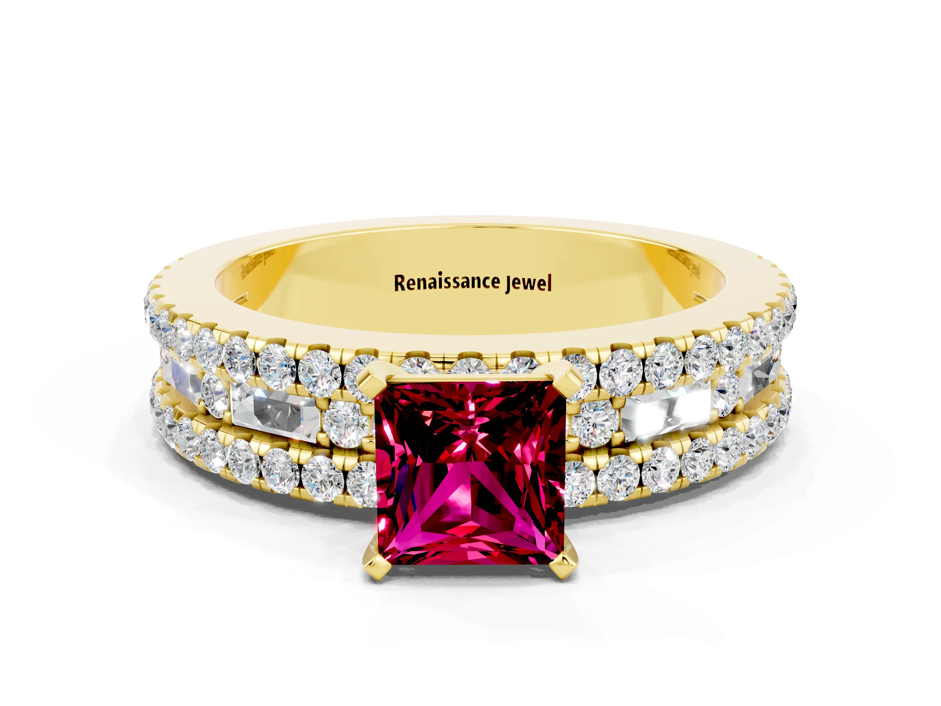 Yellow gold Princess Cut Garnet Solitaire Ring with Pavé and Channel Set Band