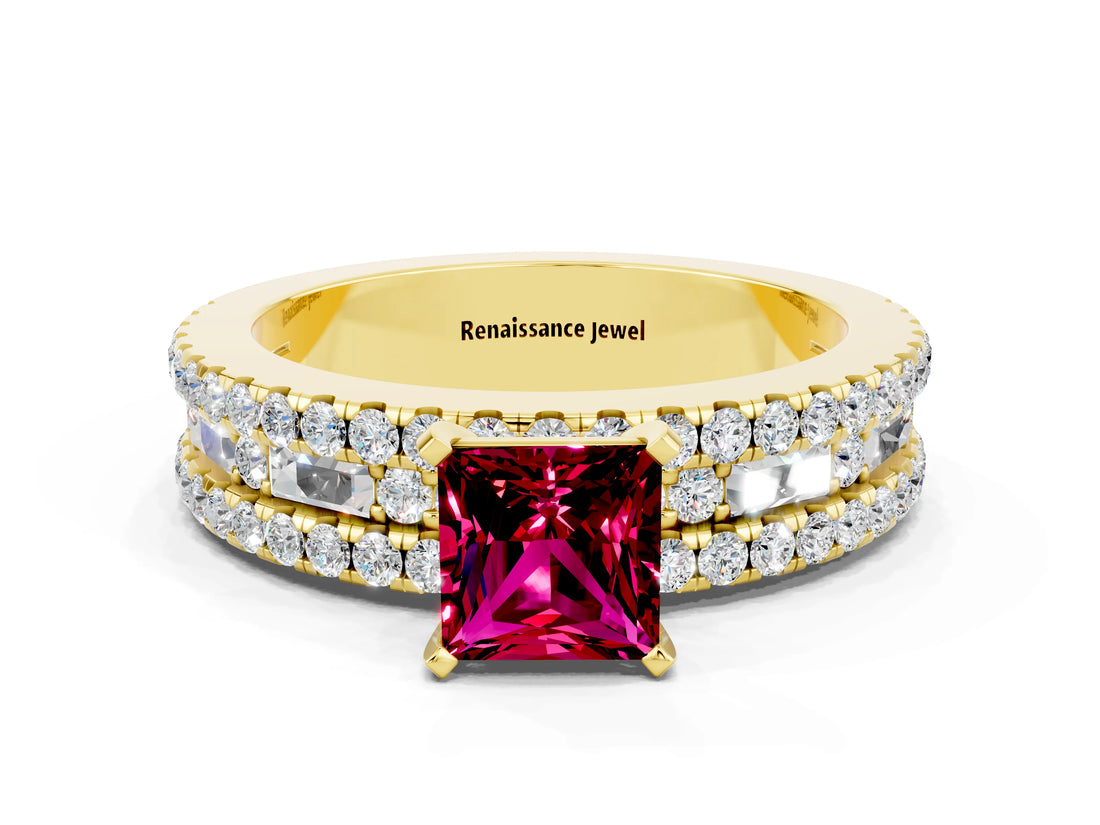 Yellow gold Princess Cut Garnet Solitaire Ring with Pavé and Channel Set Band
