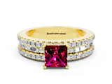 Yellow gold Princess Cut Garnet Solitaire Ring with Pavé and Channel Set Band