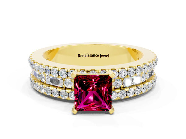 Yellow gold Princess Cut Garnet Solitaire Ring with Pavé and Channel Set Band