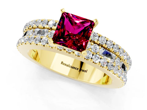 Yellow gold Princess Cut Garnet Solitaire Ring with Pavé and Channel Set Band_1