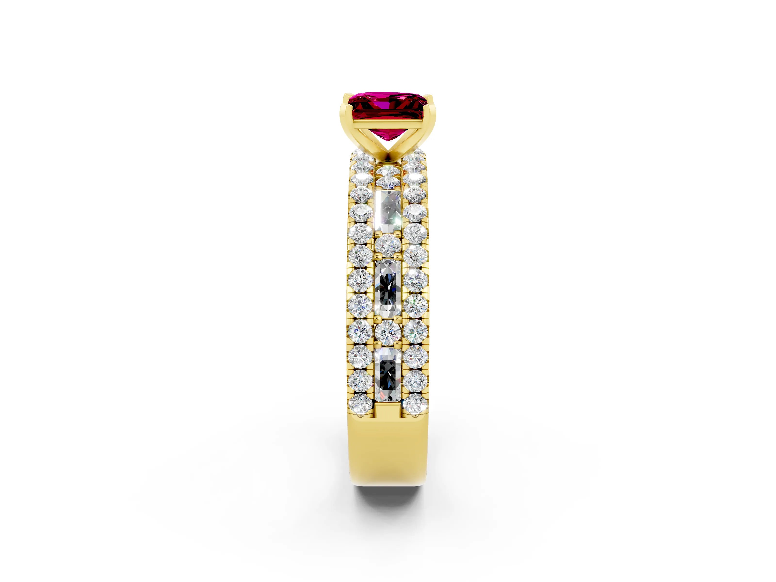 Yellow gold Princess Cut Garnet Solitaire Ring with Pavé and Channel Set Band_2
