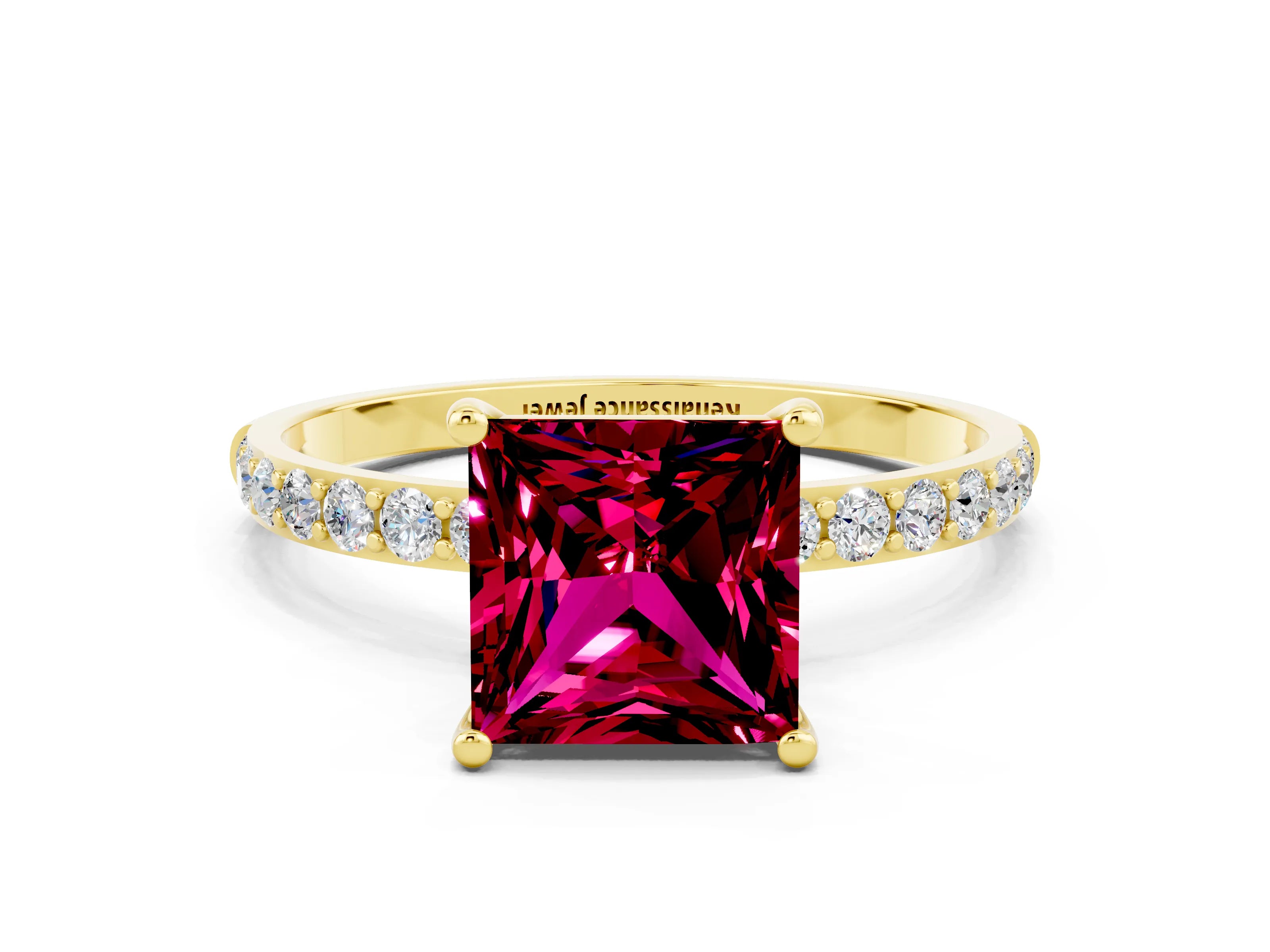 Yellow gold Princess Cut Garnet Solitaire Ring with Pave Band and Four Prong Setting_24