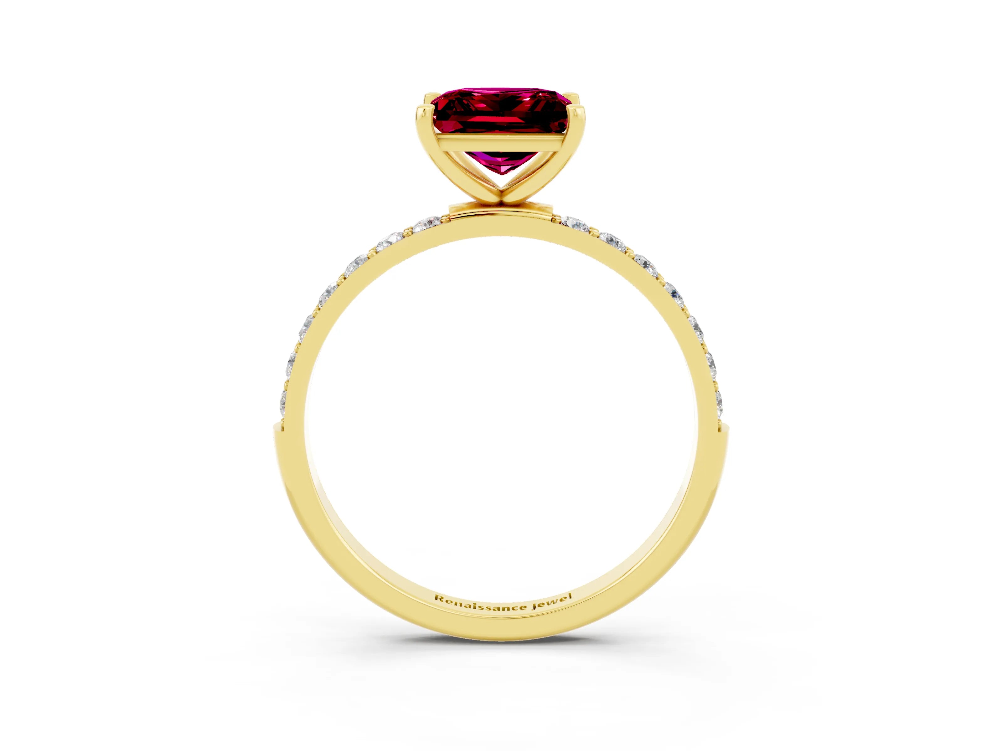 Yellow gold Princess Cut Garnet Solitaire Ring with Pave Band and Four Prong Setting_27