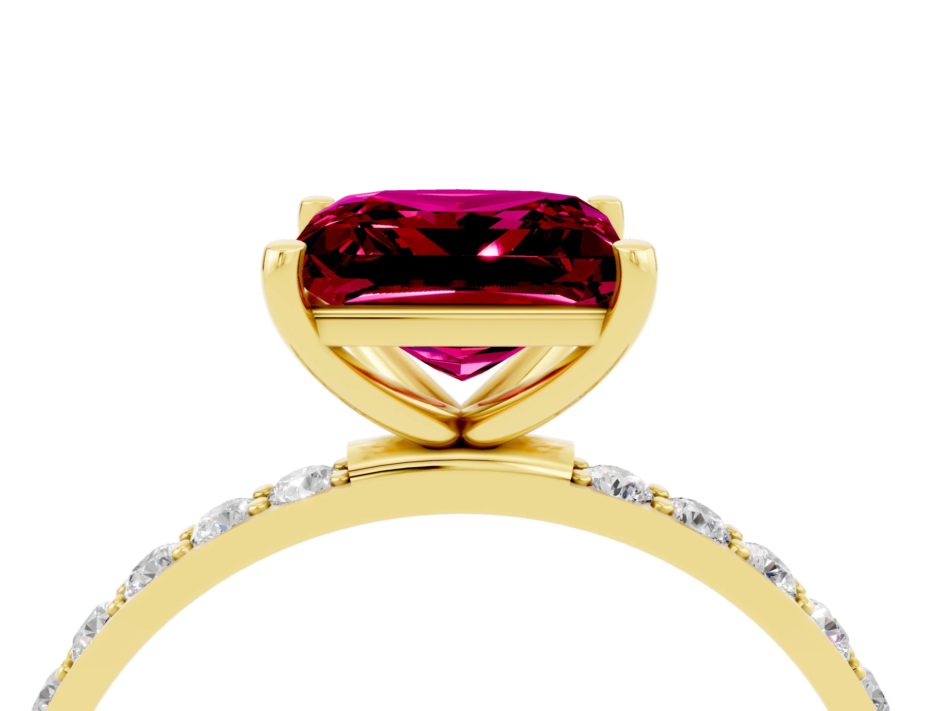 Yellow gold Princess Cut Garnet Solitaire Ring with Pave Band and Four Prong Setting_28