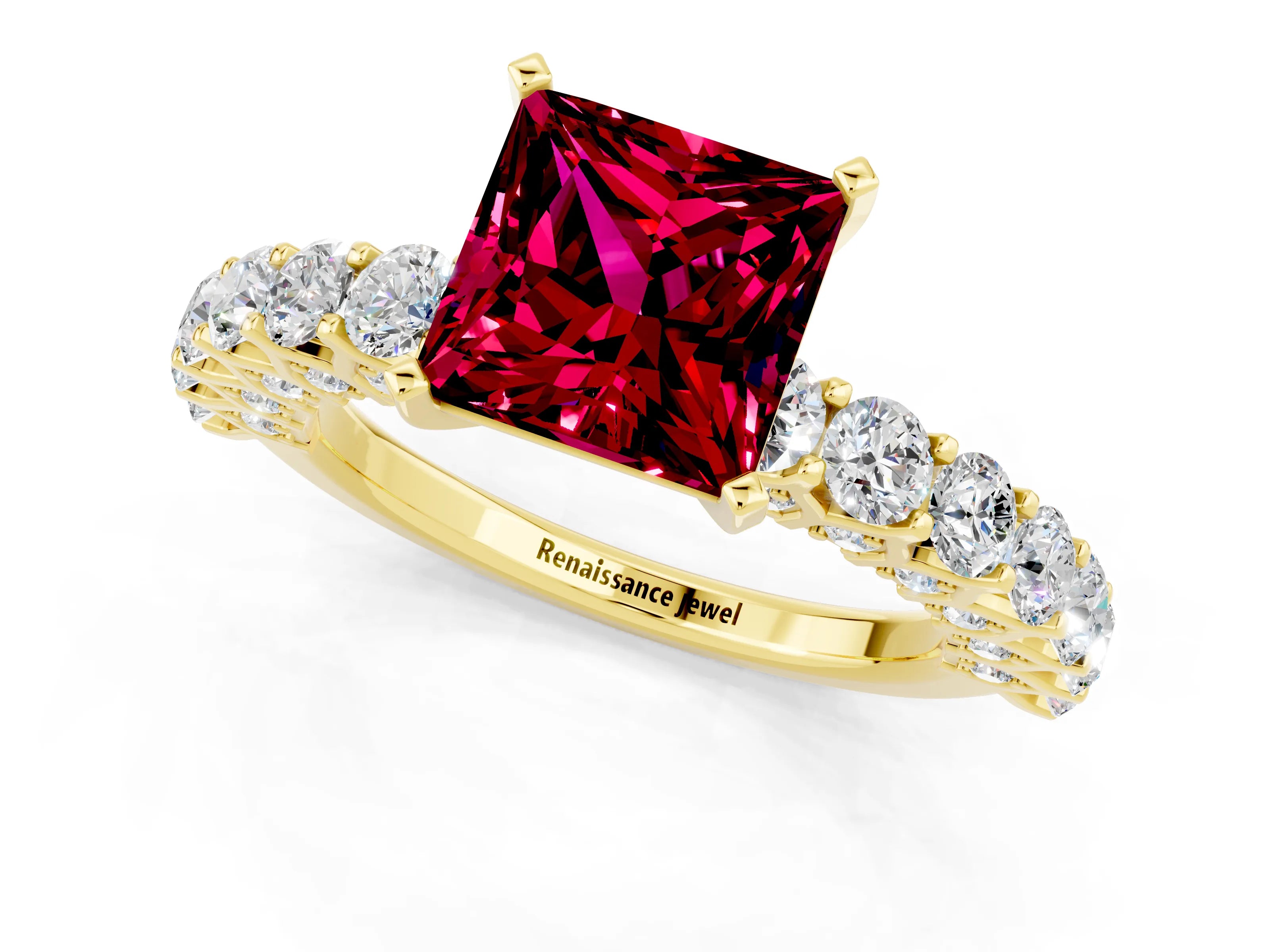 Yellow gold Princess Cut Garnet Solitaire Ring with Shared Prong Pavé Band and Four-Prong Setting_1