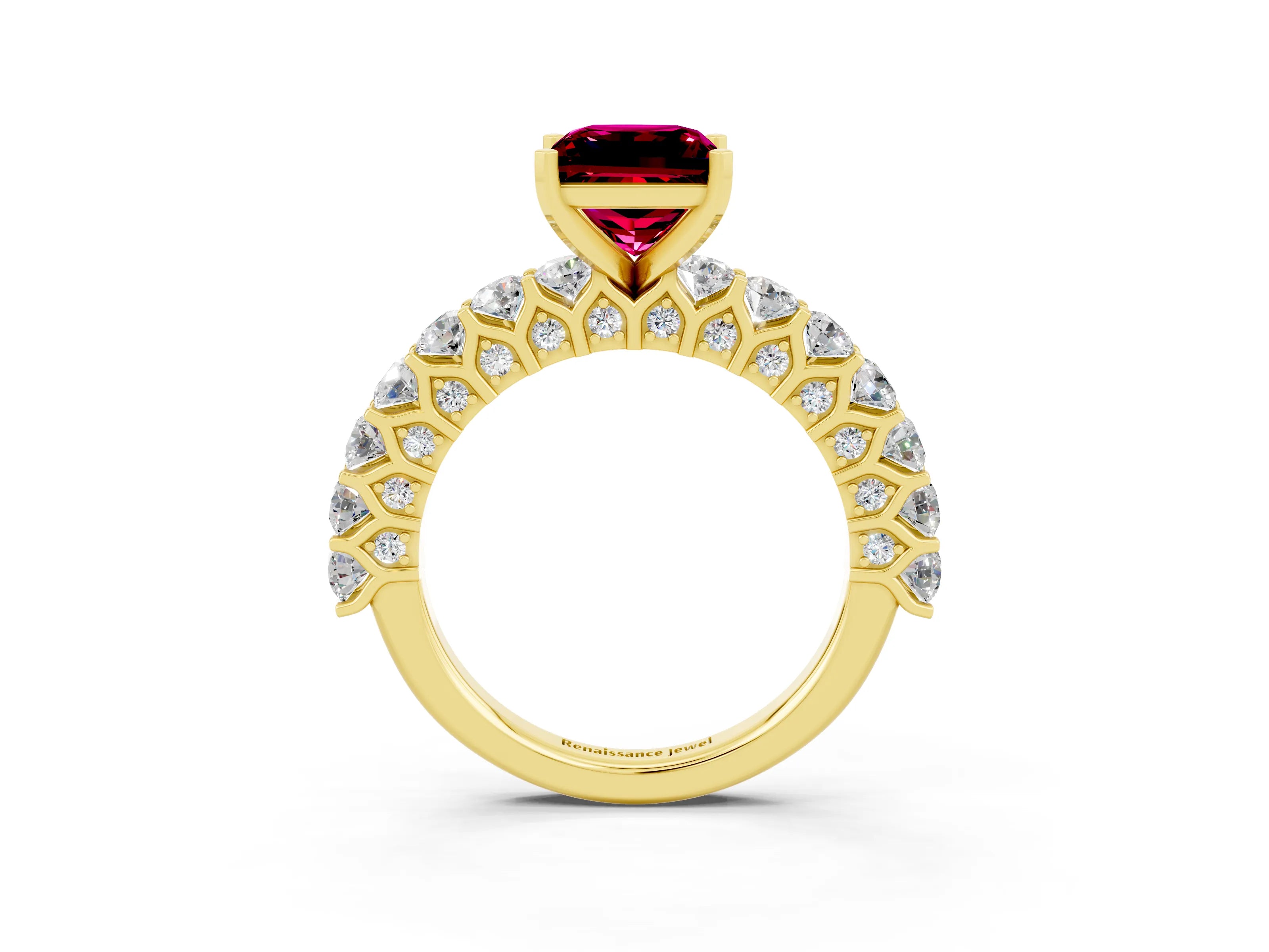 Yellow gold Princess Cut Garnet Solitaire Ring with Shared Prong Pavé Band and Four-Prong Setting_3