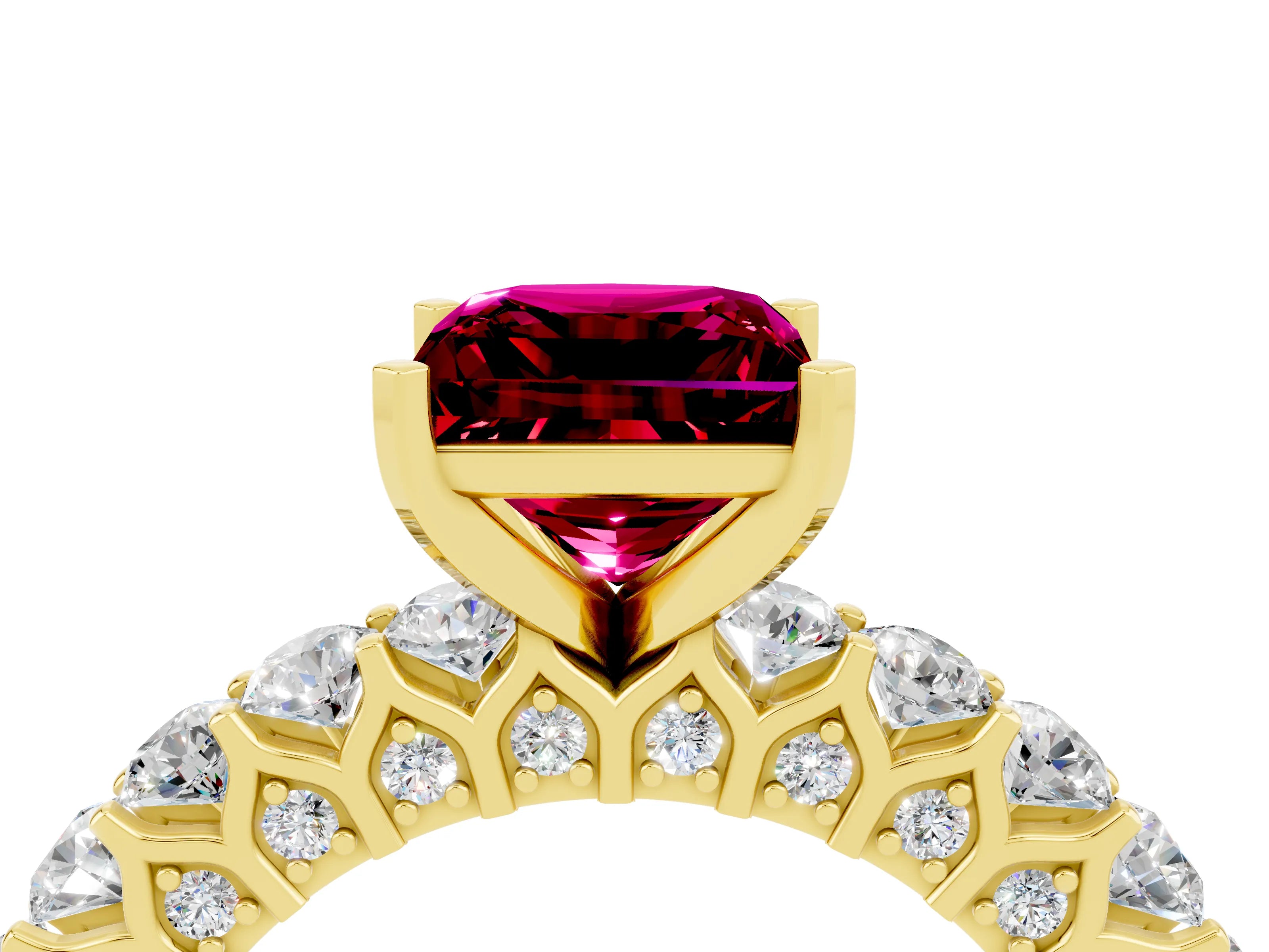 Yellow gold Princess Cut Garnet Solitaire Ring with Shared Prong Pavé Band and Four-Prong Setting_4