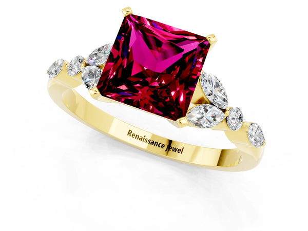 Yellow gold Princess Cut Garnet Solitaire Ring with Side Stones and Four-Prong Setting