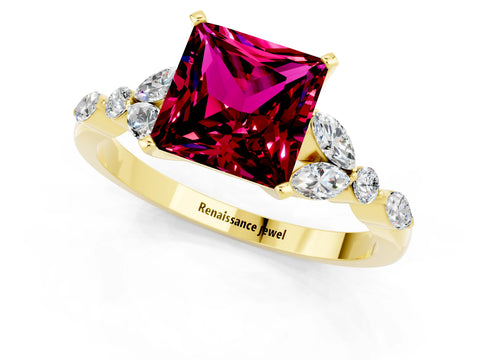 Yellow gold Princess Cut Garnet Solitaire Ring with Side Stones and Four-Prong Setting_13