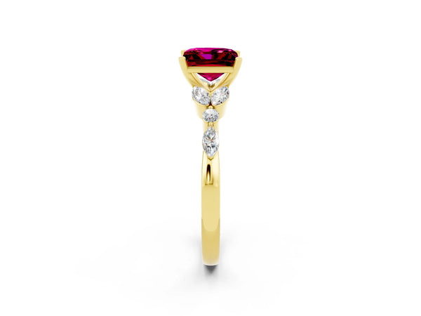 Yellow gold Princess Cut Garnet Solitaire Ring with Side Stones and Four-Prong Setting
