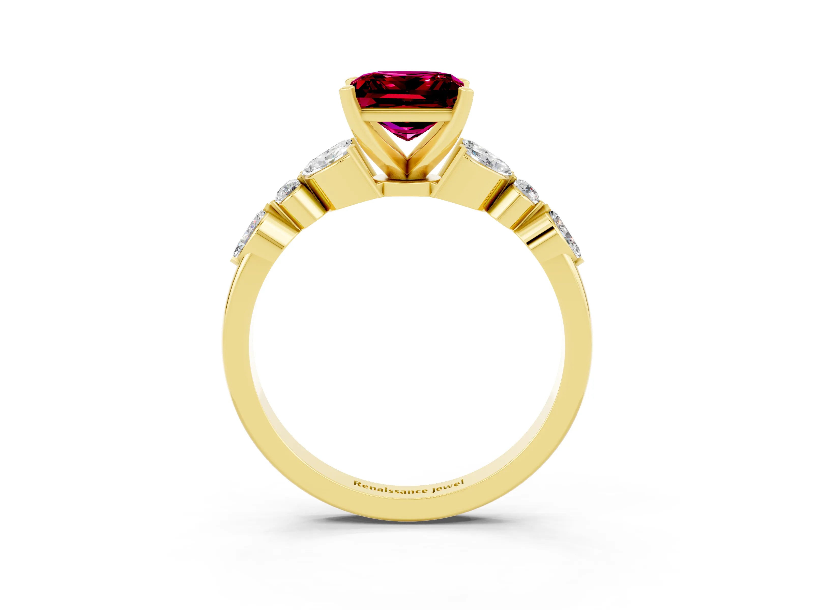 Yellow gold Princess Cut Garnet Solitaire Ring with Side Stones and Four-Prong Setting_15