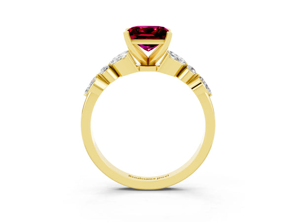 Yellow gold Princess Cut Garnet Solitaire Ring with Side Stones and Four-Prong Setting