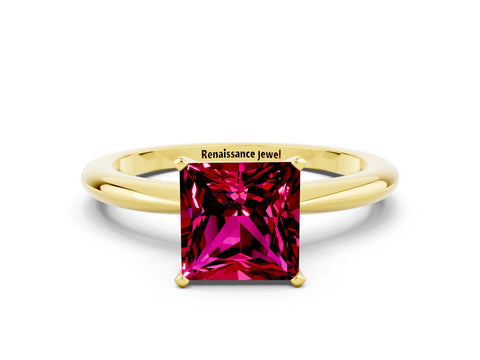 Yellow gold Princess Cut Garnet Solitaire Ring with Six-Prong Setting and Classic Band