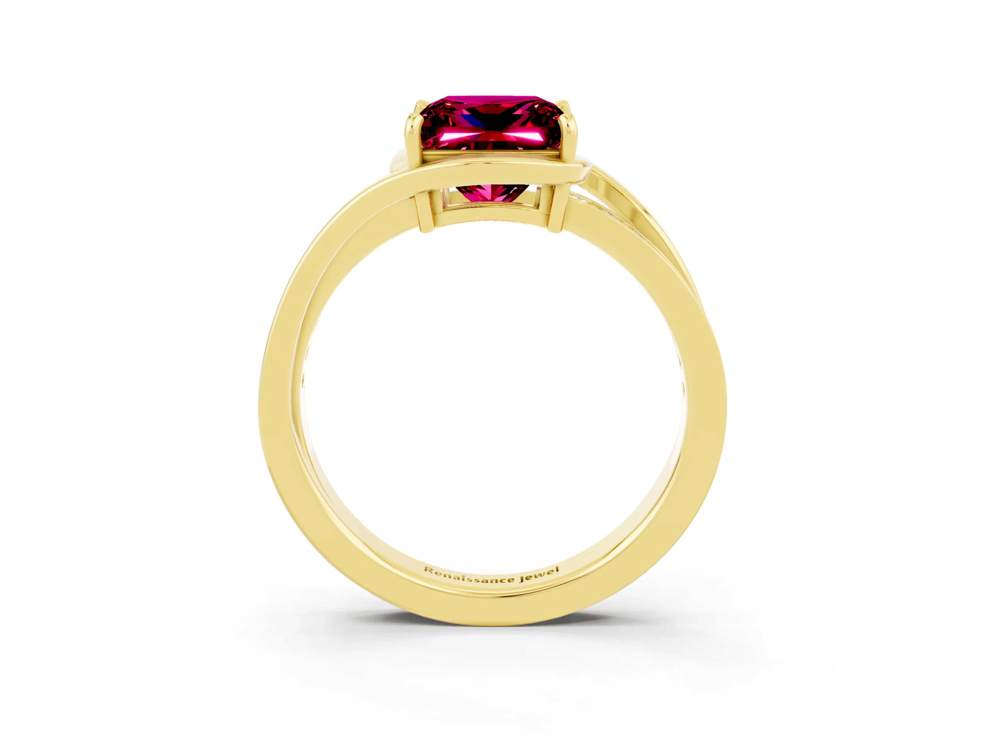 Yellow gold Princess Cut Garnet Solitaire Ring with Split Shank and Prong Setting_3