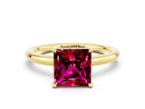 Yellow gold Princess Cut Garnet Solitaire Ring with Thin Band and Four-Prong Setting