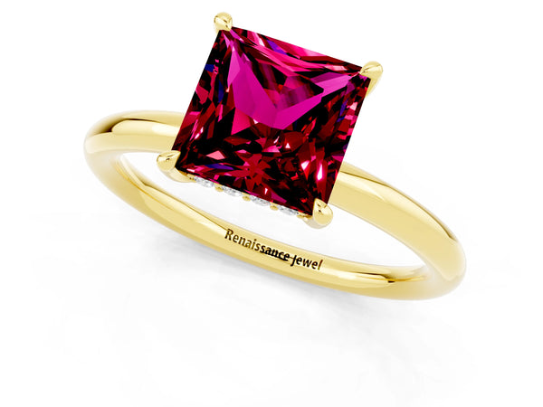 Yellow gold Princess Cut Garnet Solitaire Ring with Thin Band and Four-Prong Setting