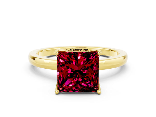 Yellow gold Princess Cut Garnet Solitaire Ring with Thin Band and Prong Setting