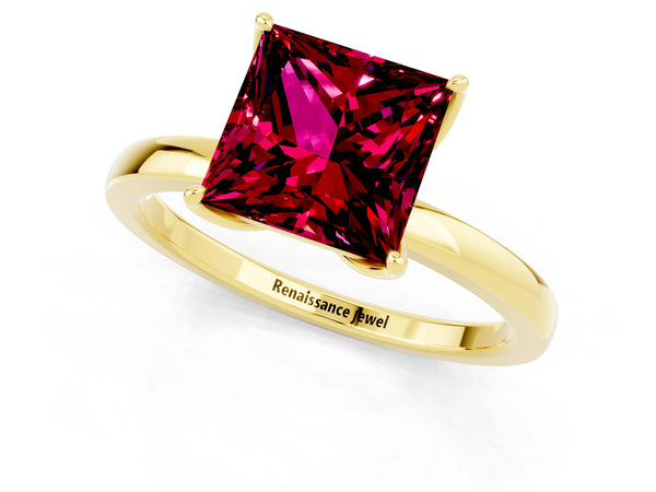 Yellow gold Princess Cut Garnet Solitaire Ring with Thin Band and Prong Setting