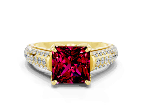 Yellow gold Princess Cut Garnet Solitaire Ring with Three-Row Pavé Band and Four-Prong Setting_12