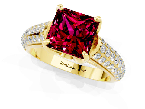 Yellow gold Princess Cut Garnet Solitaire Ring with Three-Row Pavé Band and Four-Prong Setting_13