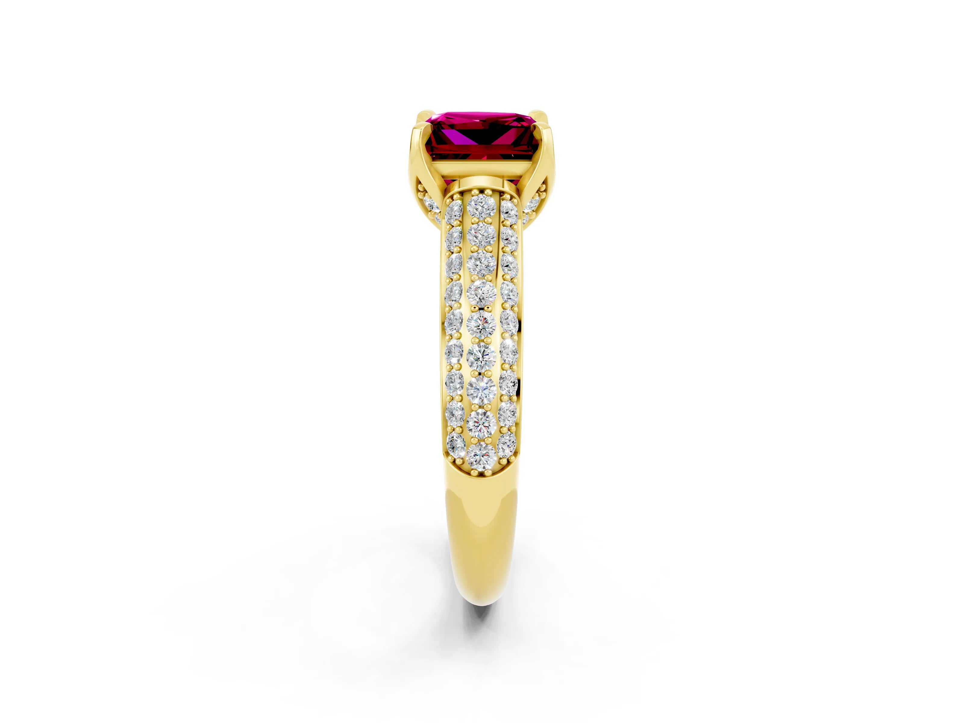 Yellow gold Princess Cut Garnet Solitaire Ring with Three-Row Pavé Band and Four-Prong Setting_14