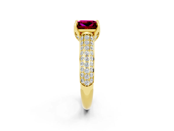 Yellow gold Princess Cut Garnet Solitaire Ring with Three-Row Pavé Band and Four-Prong Setting