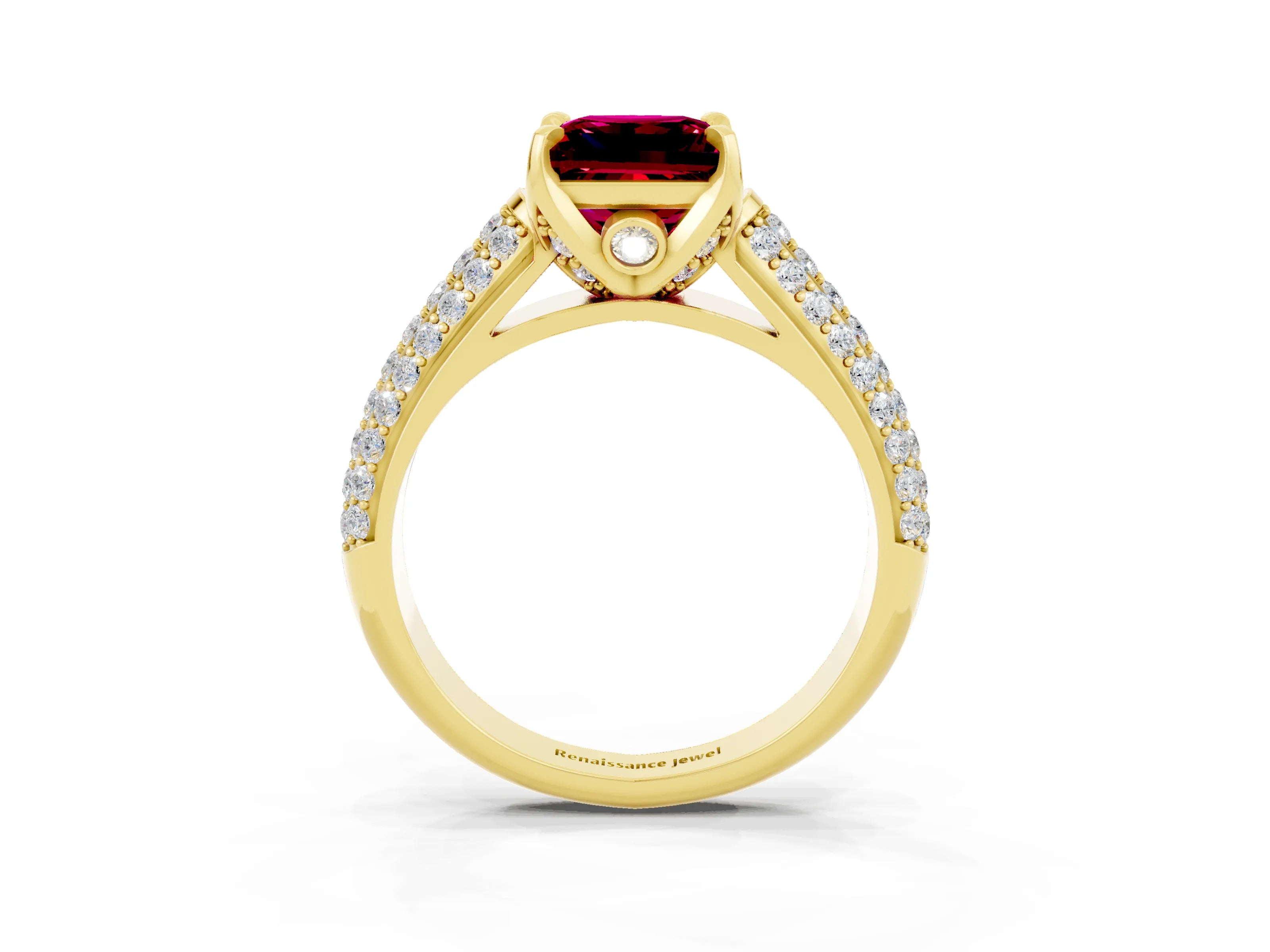 Yellow gold Princess Cut Garnet Solitaire Ring with Three-Row Pavé Band and Four-Prong Setting_15