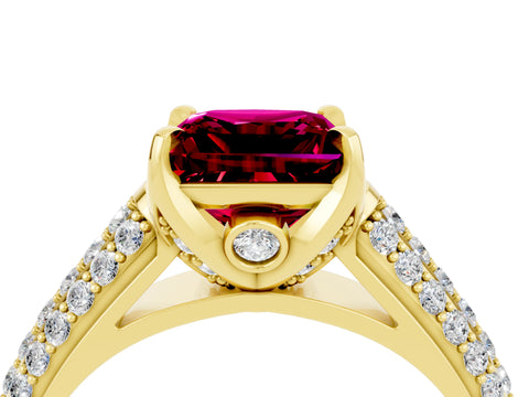 Yellow gold Princess Cut Garnet Solitaire Ring with Three-Row Pavé Band and Four-Prong Setting_16