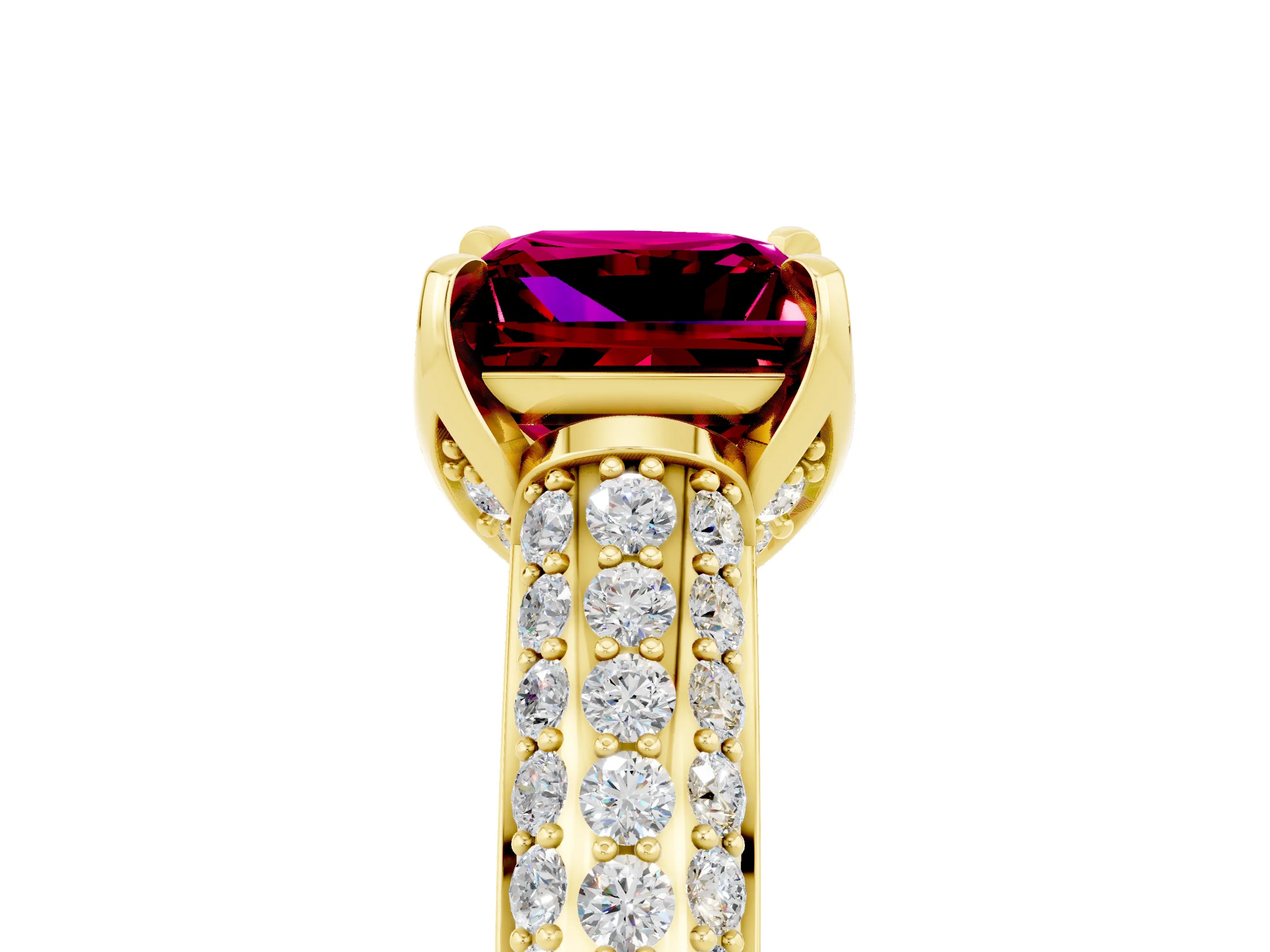 Yellow gold Princess Cut Garnet Solitaire Ring with Three-Row Pavé Band and Four-Prong Setting_17