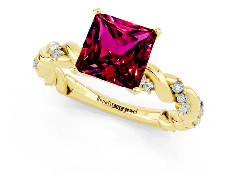 Yellow gold Princess Cut Garnet Solitaire Ring with Twisted Band and Pavé Accents_1
