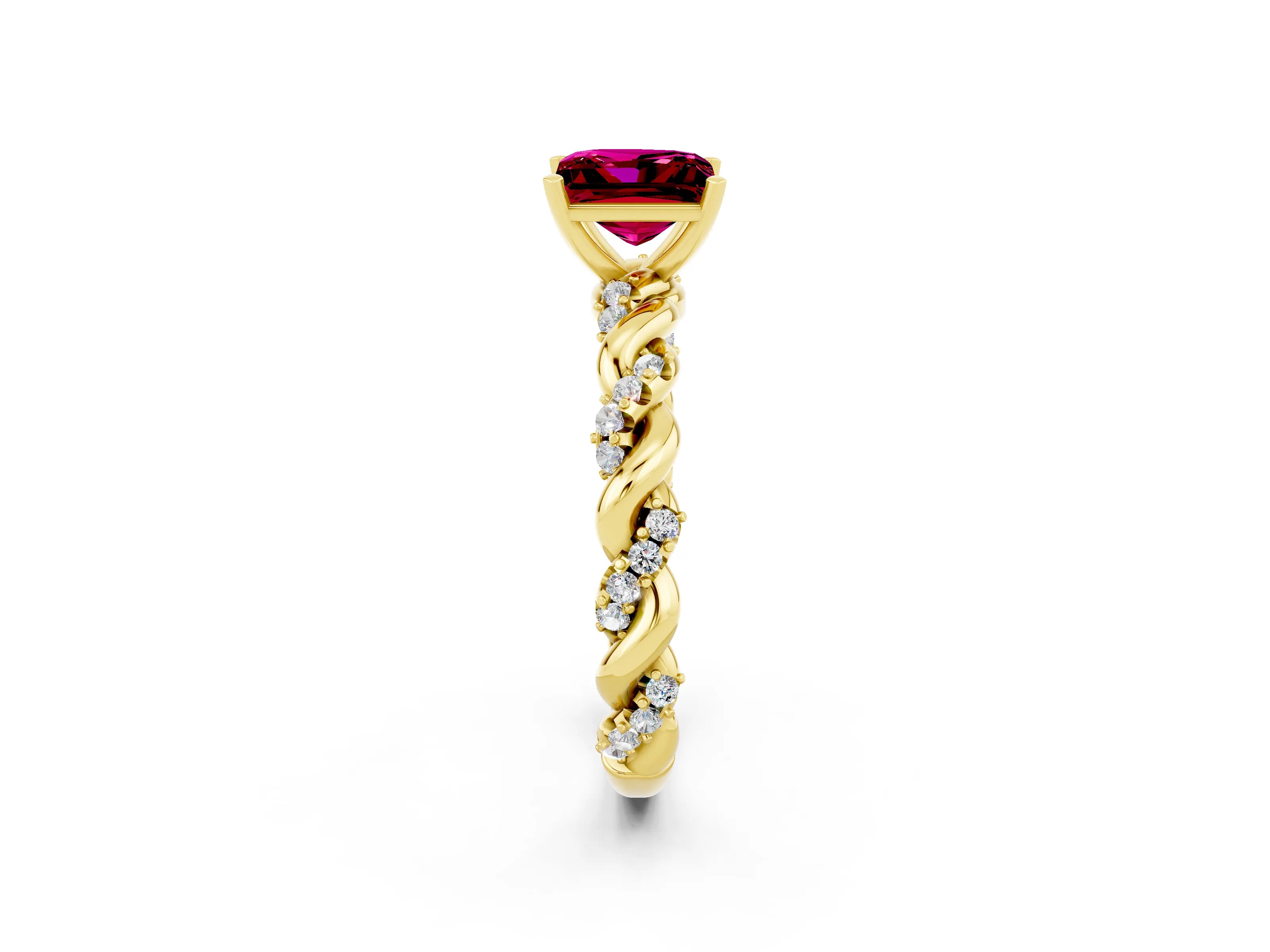 Yellow gold Princess Cut Garnet Solitaire Ring with Twisted Band and Pavé Accents_2