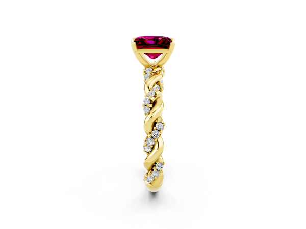 Yellow gold Princess Cut Garnet Solitaire Ring with Twisted Band and Pavé Accents