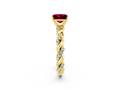 Yellow gold Princess Cut Garnet Solitaire Ring with Twisted Band and Pavé Accents_2
