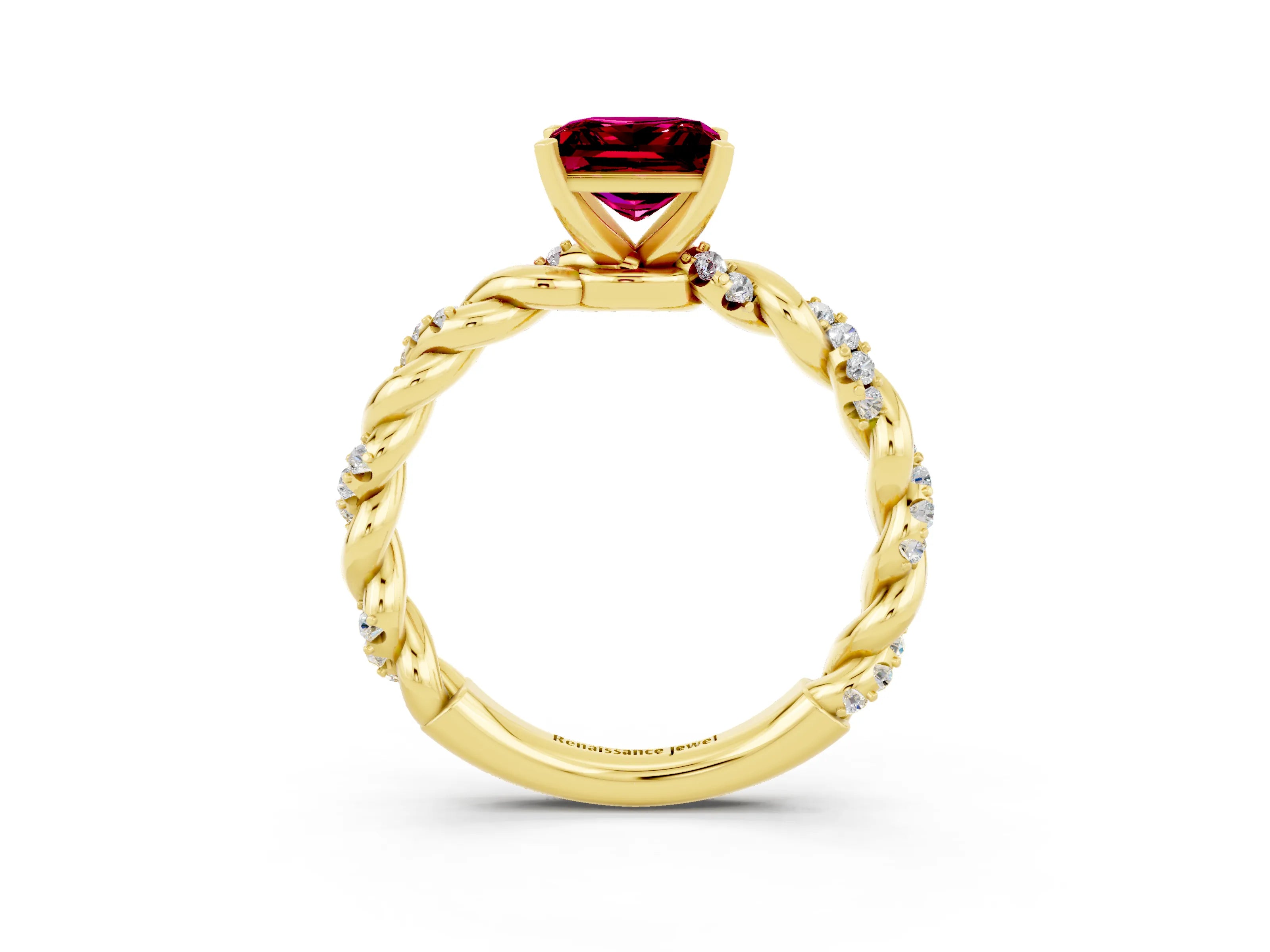 Yellow gold Princess Cut Garnet Solitaire Ring with Twisted Band and Pavé Accents_3