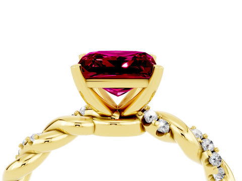 Yellow gold Princess Cut Garnet Solitaire Ring with Twisted Band and Pavé Accents_4