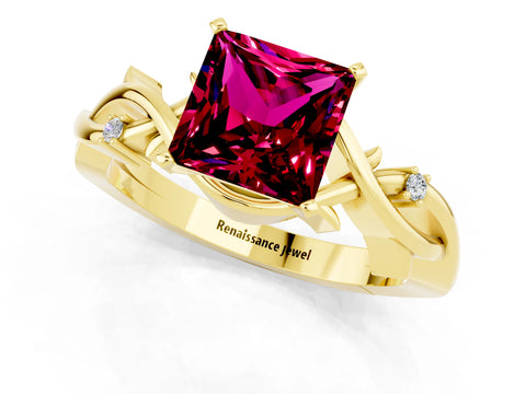 Yellow gold Princess Cut Garnet Solitaire Ring with Twisted Band and Prong Setting_1