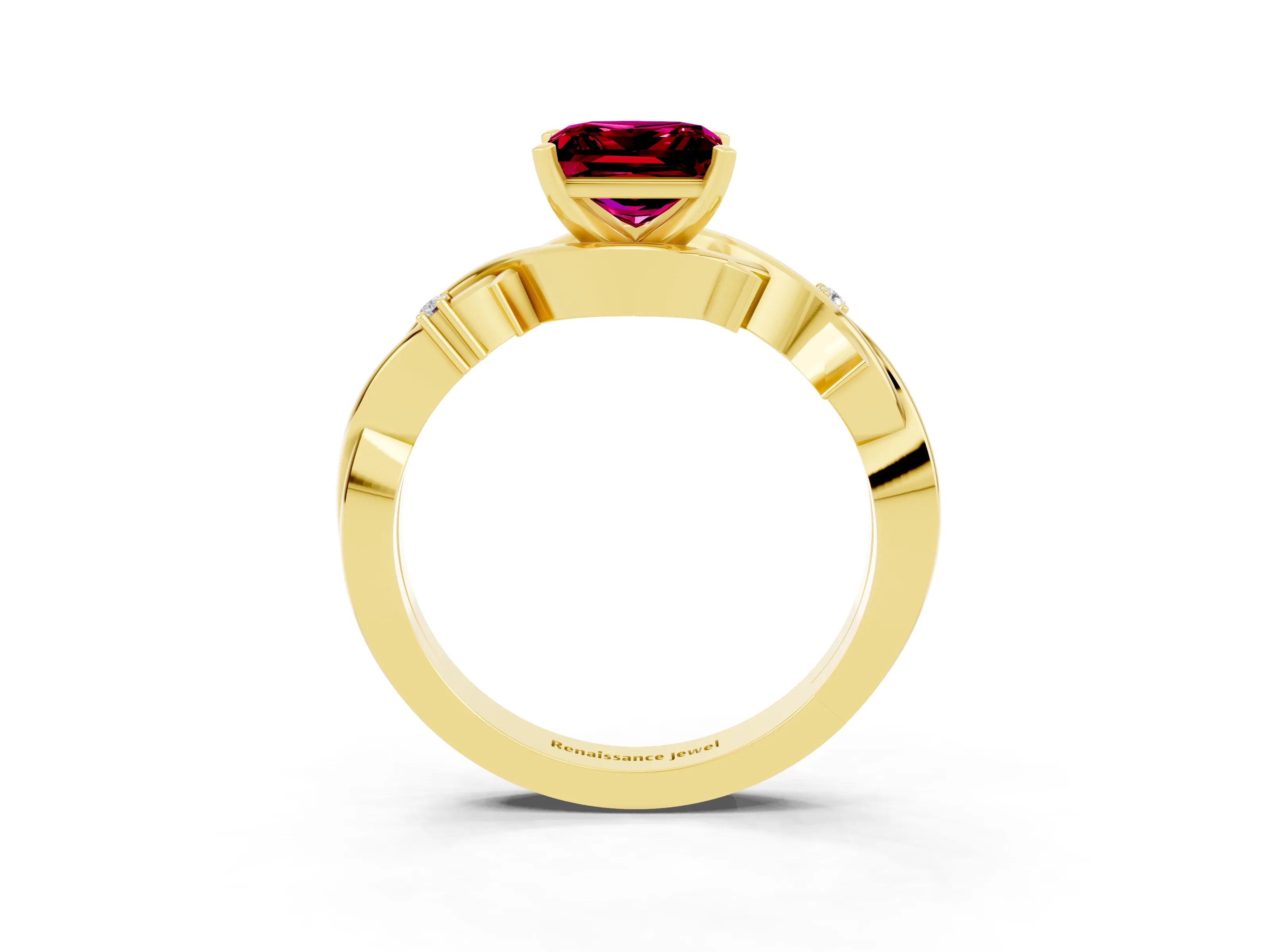 Yellow gold Princess Cut Garnet Solitaire Ring with Twisted Band and Prong Setting_3