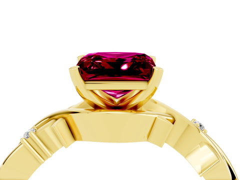 Yellow gold Princess Cut Garnet Solitaire Ring with Twisted Band and Prong Setting_4