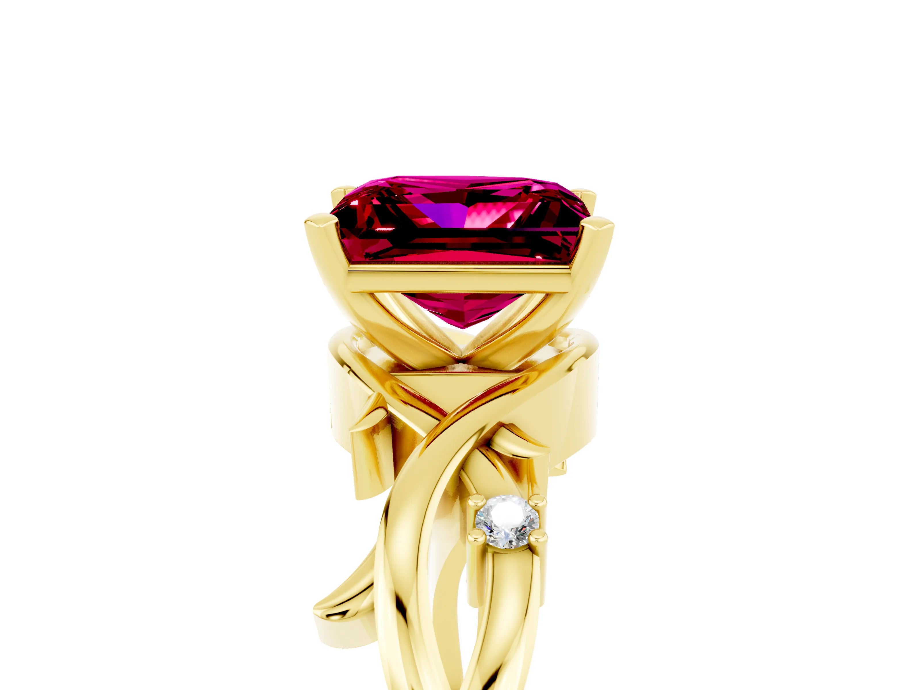 Yellow gold Princess Cut Garnet Solitaire Ring with Twisted Band and Prong Setting_5
