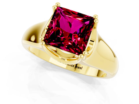 Yellow gold Princess Cut Garnet Solitaire Ring with Wide Band and Prong Setting_1