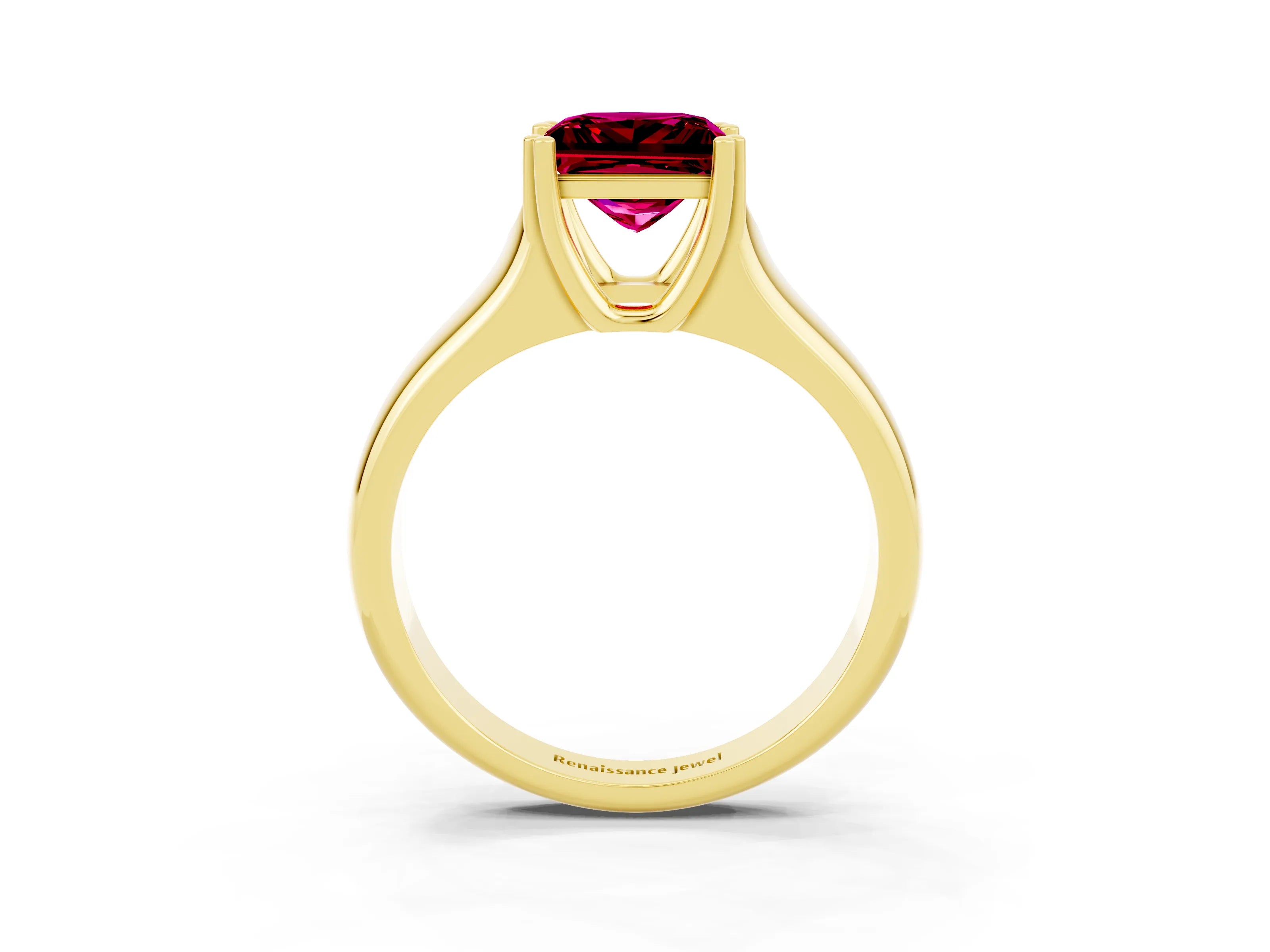 Yellow gold Princess Cut Garnet Solitaire Ring with Wide Band and Prong Setting_3