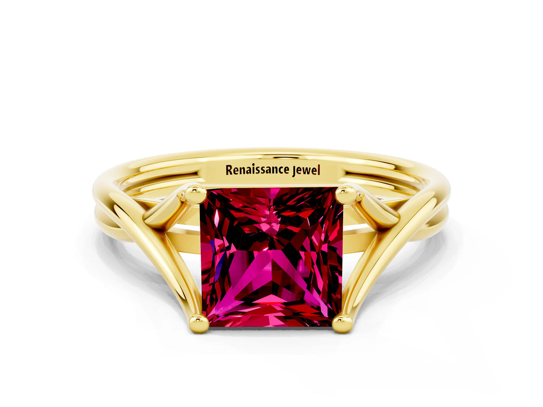 Yellow gold Princess Cut Garnet Solitaire Twist Band Prong Setting Ring_36