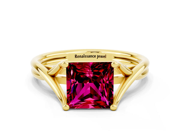 Yellow gold Princess Cut Garnet Solitaire Twist Band Prong Setting Ring