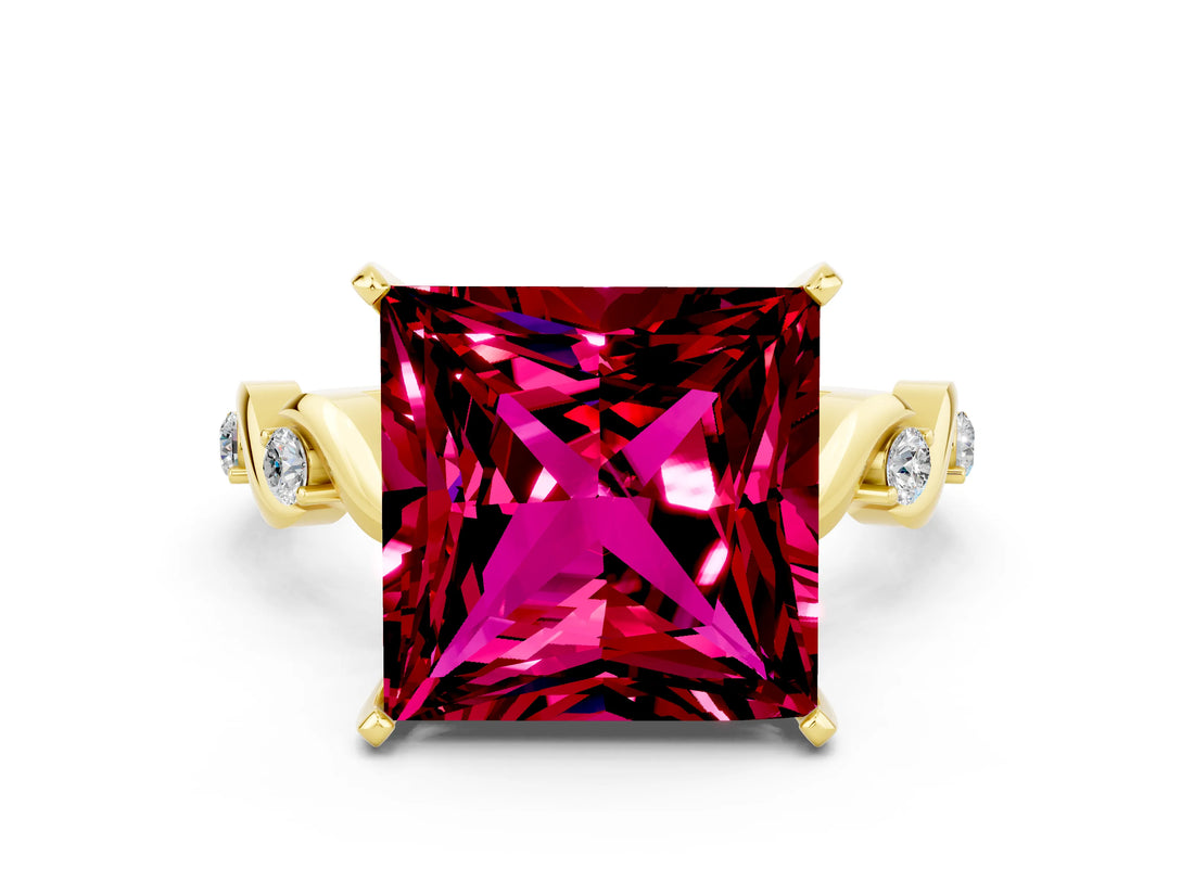 Yellow gold Princess Cut Garnet Solitaire Twisted Band with Round  Accents and Prong Setting_12