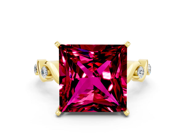 Yellow gold Princess Cut Garnet Solitaire Twisted Band with Round  Accents and Prong Setting