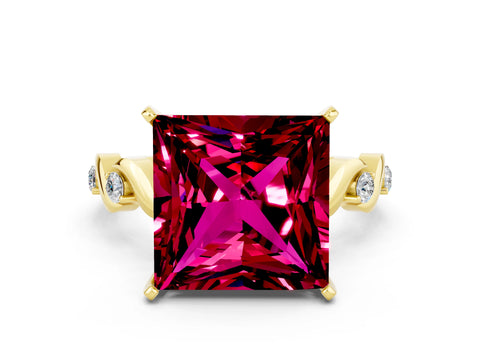 Yellow gold Princess Cut Garnet Solitaire Twisted Band with Round  Accents and Prong Setting_12