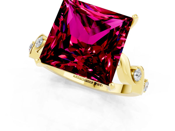 Yellow gold Princess Cut Garnet Solitaire Twisted Band with Round  Accents and Prong Setting