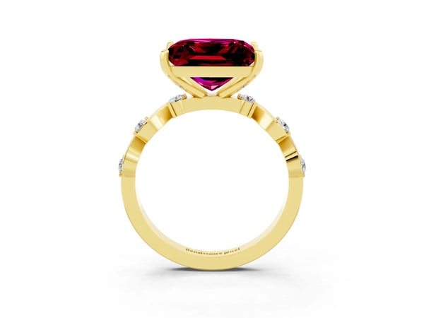 Yellow gold Princess Cut Garnet Solitaire Twisted Band with Round  Accents and Prong Setting