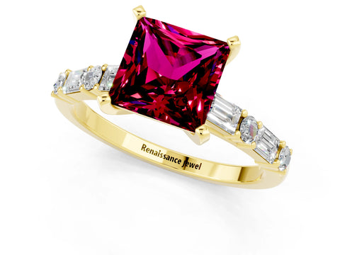 Yellow gold Princess Cut Garnet Solitaire with Side Baguettes and Channel Set Band_1